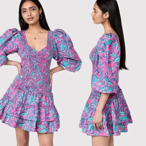 Love The Label Womens Dress Pink V Neck Floral Puff Sleeve Smocked A Line Small